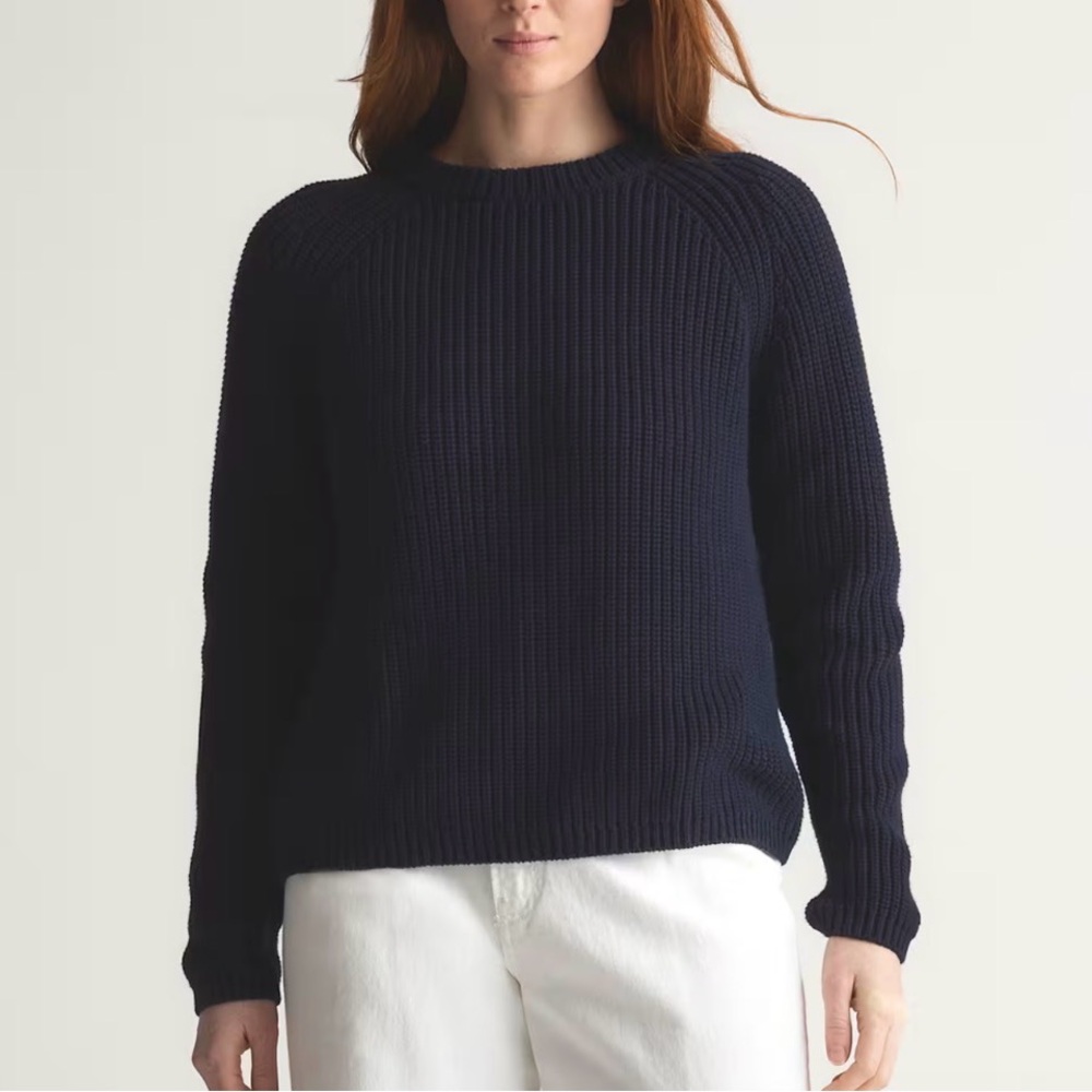 Quince Women's Navy Crewneck Ribbed 100% Organic Cotton Fisherman Crew Sweater